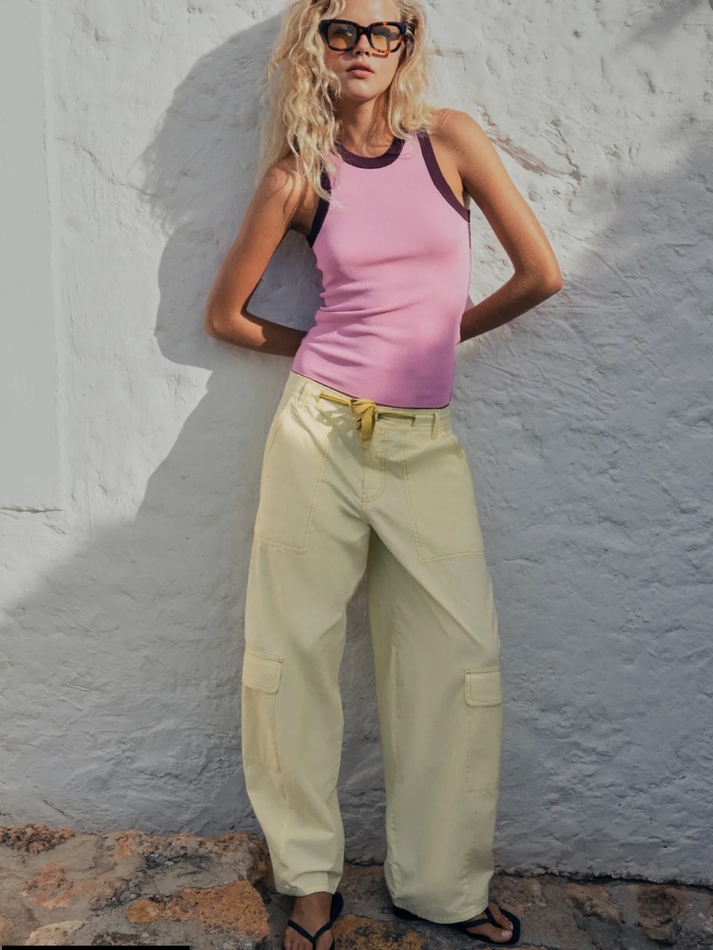 Zara Light Yellow Wide-Leg Cargo Pants